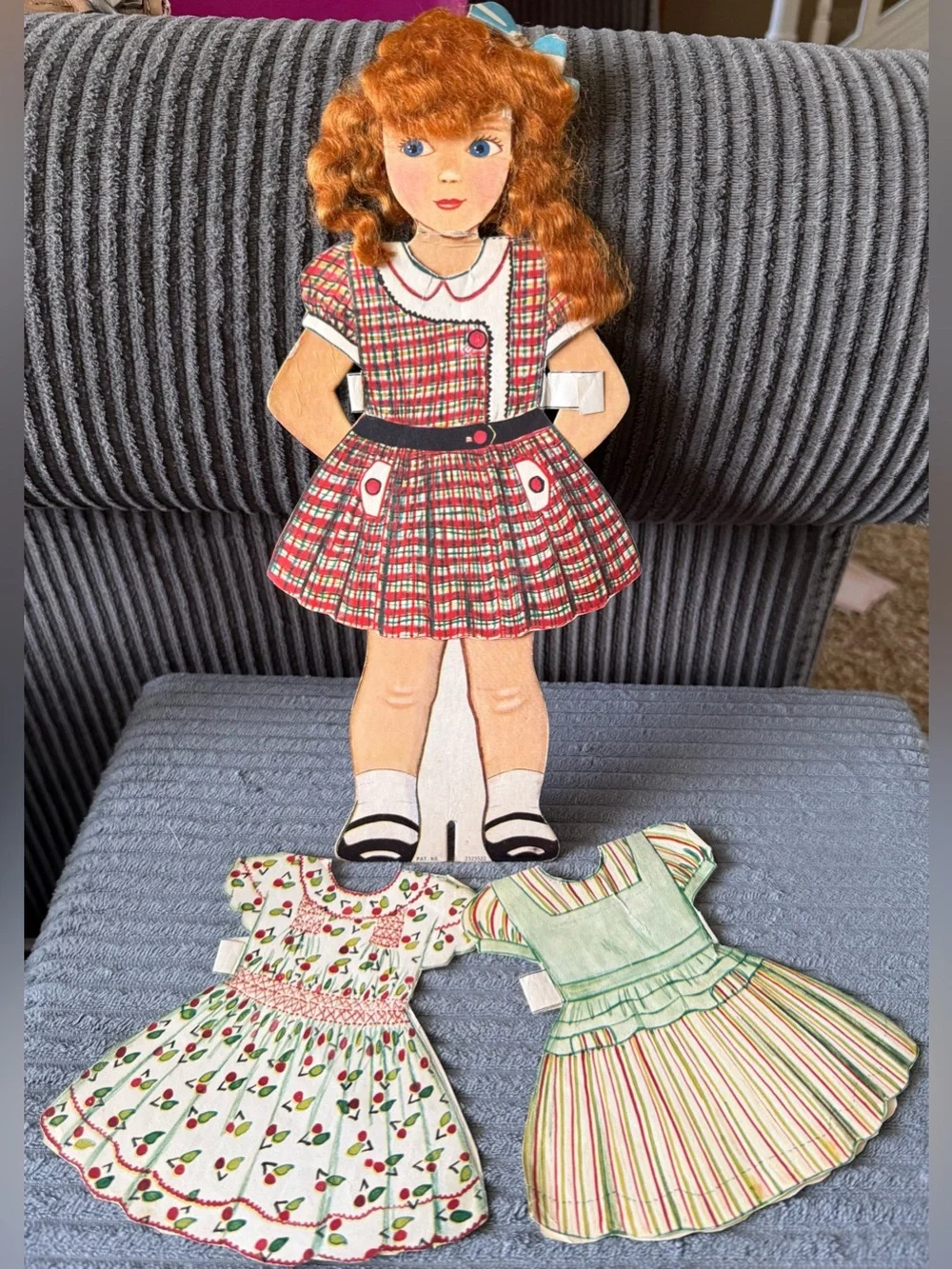 Vintage Paper Doll with Red Plaid Dress and Interchangeable Outfits and Hair